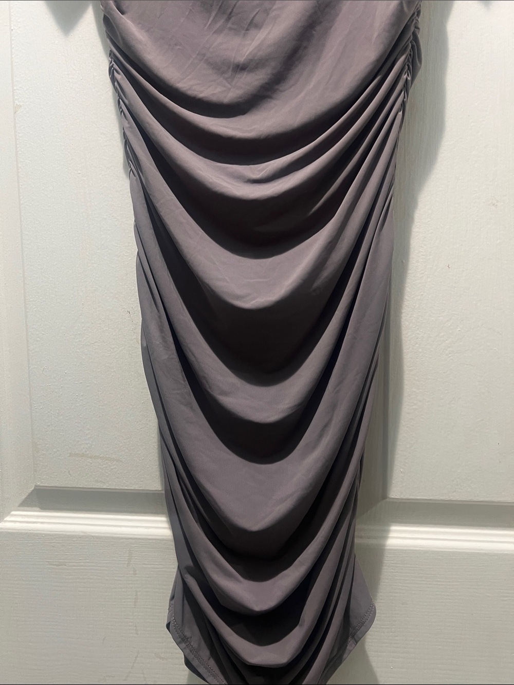 Aster Ruched Off-Shoulder Midi Dress in Light Brown - Picture 9 of 13